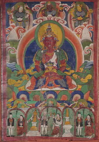 Tankas, also known as thangkas, are hanging scrolls or fabric temple banners that consist of a painted: picture panels (called mélong in Tibetan, which means 'mirror'), usually depicting buddhas, mandalas, or great practitioners, which are sewn into or bordered by a textile mountings. Tankas are intended to serve as records of, and guides for, contemplative experiences and visualizations. From the Beinecke Rare Book and Manuscript Library, Yale University
